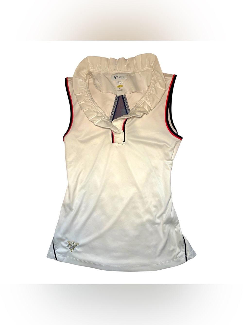 White Ruffle Collar Sleeveless Tank with Navy and Red Trim